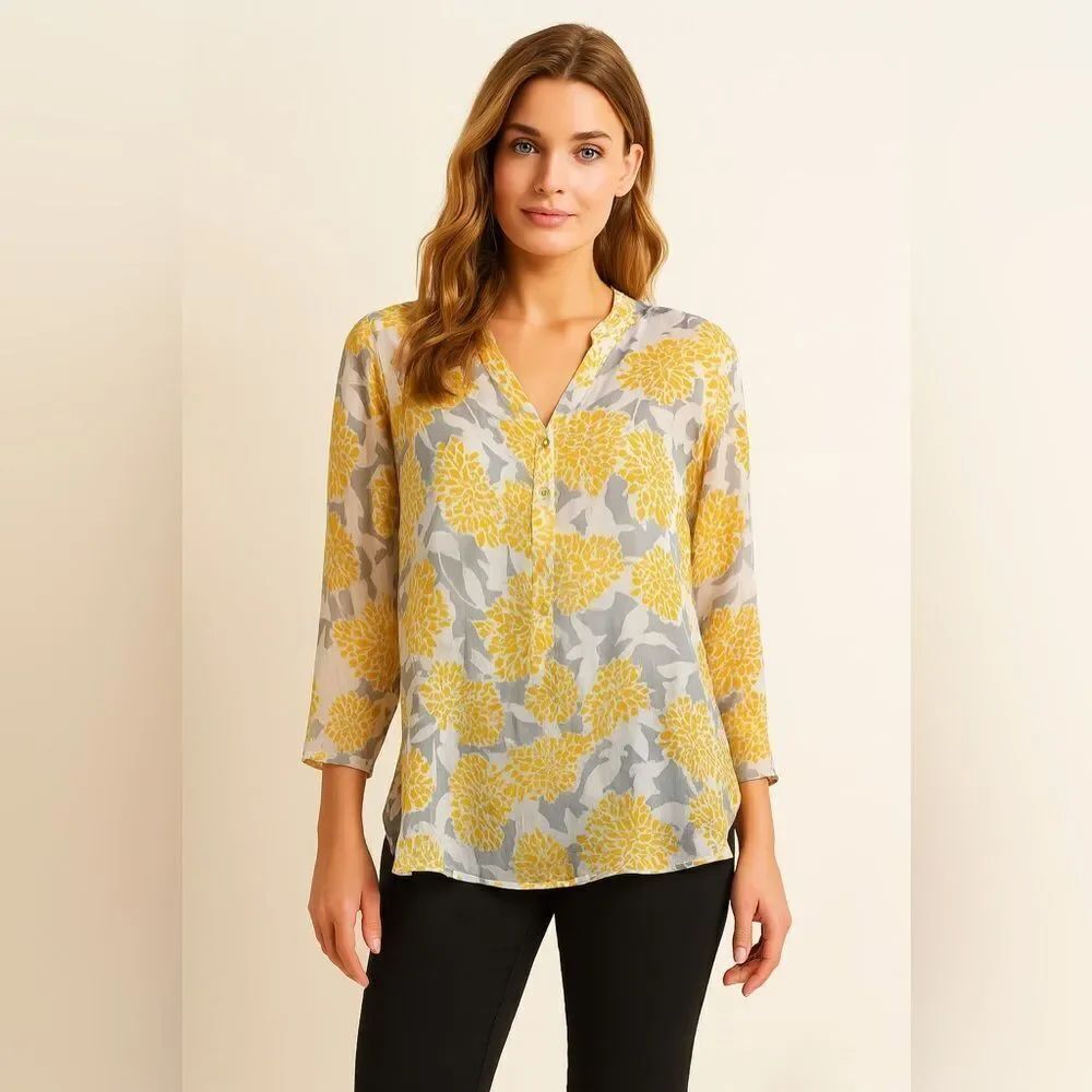 M Made In Italy Floral Sheer Button Up BlouseI In Yellow And Gray Size S